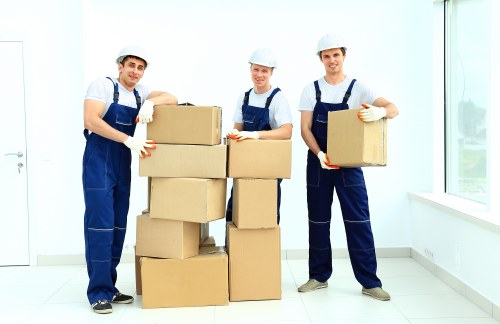Local office relocation service navigating Fulham streets with commercial moving equipment